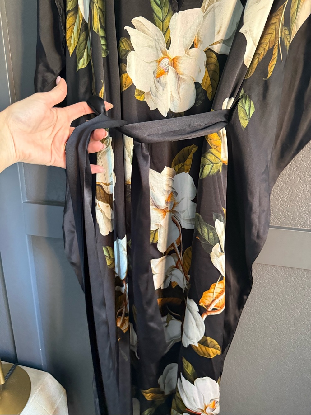 NICOBLU • CAMELLIA BELTED SILK KAFTAN dress - medium navy floral vacation luxe - Picture 10 of 14